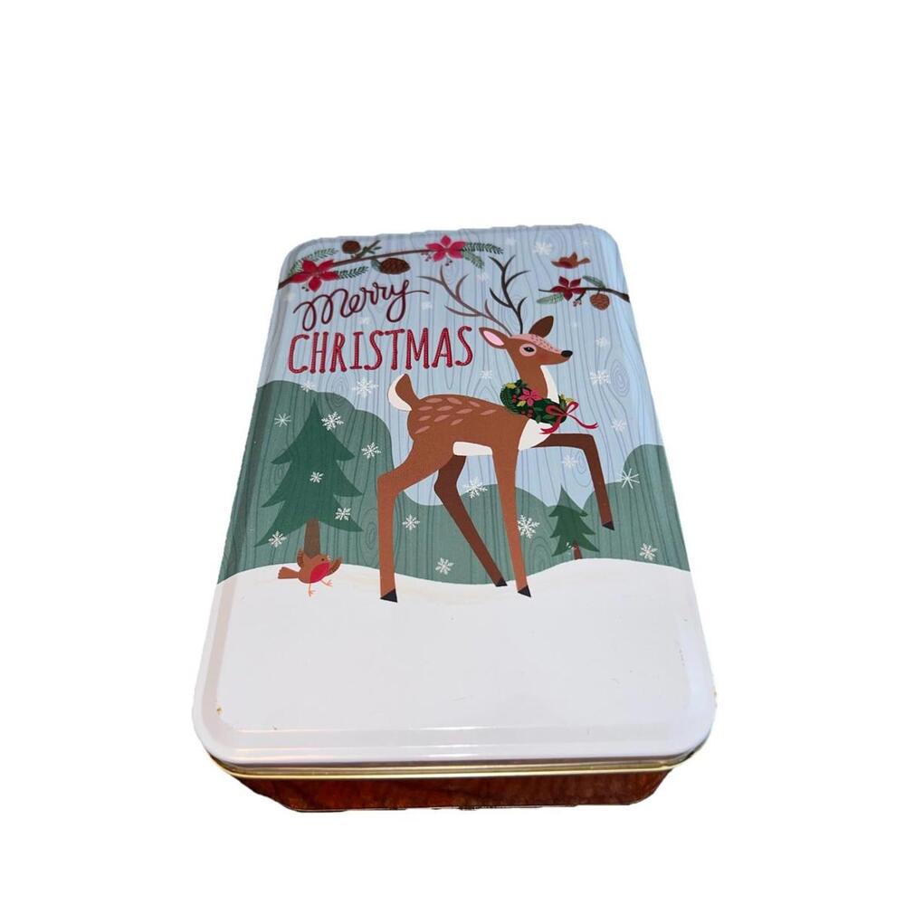Vintage Style Reindeer Christmas Tin - Retro Woodland MCM Holiday Cookie Box